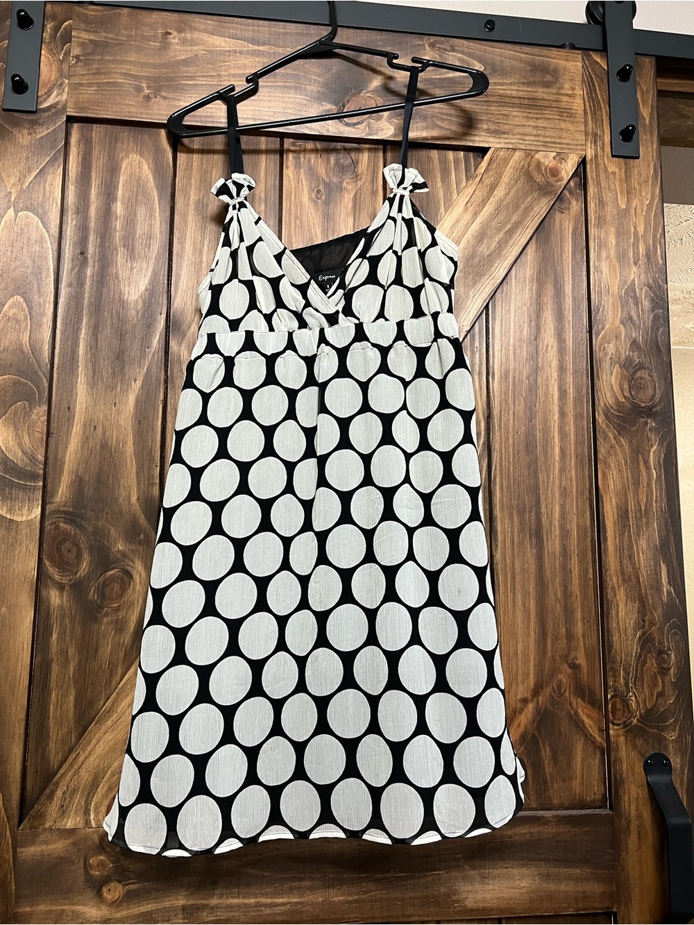Express Vintage 100% Silk Polka Dot Empire Waist Mini Dress Black White Size S